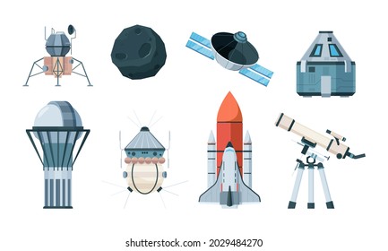 Exploring planets. Science astronomy planetarium telescope planets cosmos shuttle garish vector illustrations in flat style