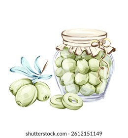 Exploring the rich flavors of olives and olive oil in Italian cuisine through watercolor illustrations