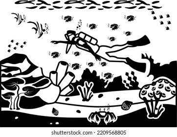 exploring the sea life vector icon design  wildlife seabed scenery symbol  Tropical Sea Under Water Surface stock illustration  Scuba Diver under sea concept 