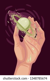 Exploring space, a man holds the planet, Saturn with satellites rings. Space illustration. Vector drawing