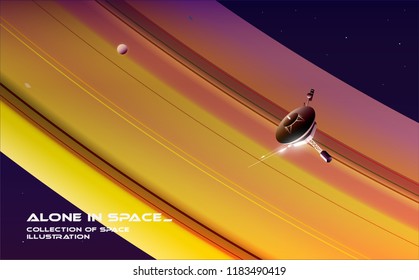 Exploring space. A probe is flying near Saturn. Vector illustration.