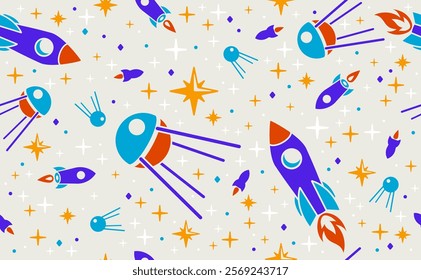 Exploring space seamless background, vector cartoon rockets flying among planets and stars endless wallpaper, astronomy school education for children tiling pattern.