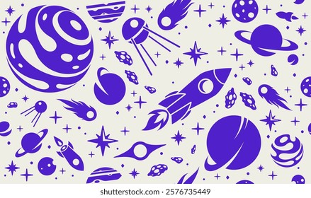 Exploring space seamless background, vector cartoon rockets flying among planets and stars endless wallpaper, astronomy school education for children tiling pattern.