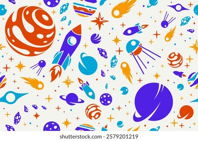 Exploring space seamless background, vector cartoon rockets flying among planets and stars endless wallpaper, astronomy school education for children tiling pattern.