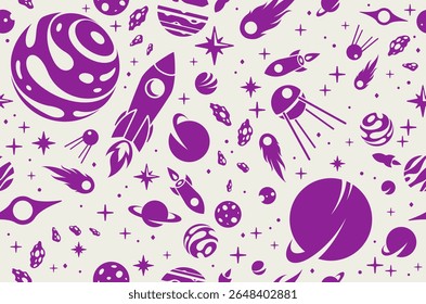 Explorando o espaço sem costura fundo, foguetes de desenhos animados vetoriais que voam entre planetas e estrelas papel de parede interminável, astronomia escola educação para crianças tiling padrão.