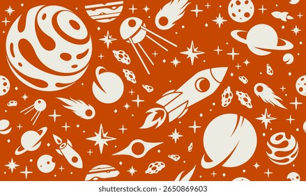 Explorando o espaço sem costura fundo, foguetes de desenhos animados vetoriais que voam entre planetas e estrelas papel de parede interminável, astronomia escola educação para crianças tiling padrão.