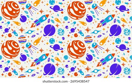 Explorando o espaço sem costura fundo, foguetes de desenhos animados vetoriais que voam entre planetas e estrelas papel de parede interminável, astronomia escola educação para crianças tiling padrão.