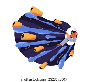 Exploring, studying new opportunities, life experiences concept. Open door to secret knowledge, insights, searching, finding unknown. Flat graphic vector illustration isolated on white background