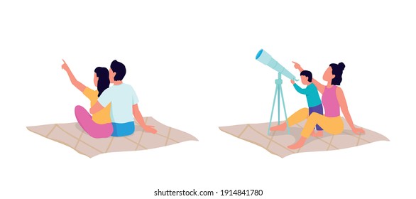 Exploring with telescope flat color vector faceless character set. Discovering new planets with devices. Star gathering isolated cartoon illustration for web graphic design and animation collection