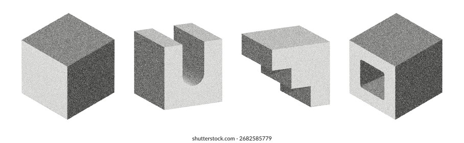 Explorando Formas geométricas tridimensionales en un estilo punteado granulado con tonos grises claros sobre un fondo blanco