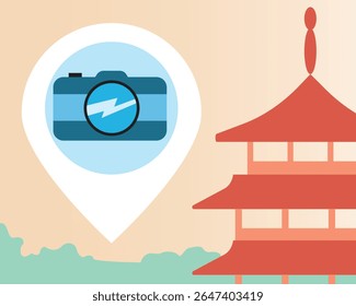 Exploring traditional asian culture while traveling, flat vector stock illustration with geodata