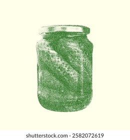 Exploring trendy pickled snacks in a vintage jar with halftone effects showcasing the art of fermenting vegetables.