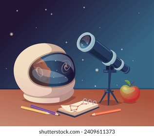 Exploring universe. Telescope and astronaut helmet