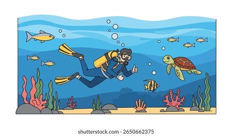 Explorando os vibrantes recifes de corais e a vida marinha diversa enquanto mergulha no oceano azul profundo observando peixes e uma tartaruga marinha nadando graciosamente entre as plantas subaquáticas
