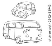 Exploring Vintage Cars A Collection of Classic Compact Vehicles and Retro Van Designs. Vector sketch illustration. Tourism