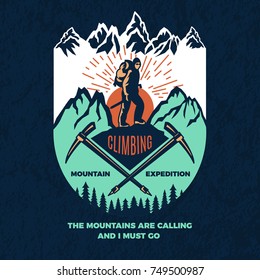 Exploring. Vintage poster of mountain climbing. Travel label adventure, emblem, mountain travel and climbing illustration