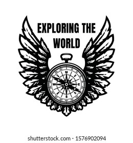 Exploring the world. Compass and wings, sign, symbol.