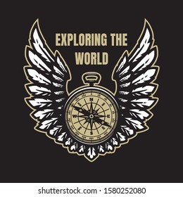 Exploring the world. Compass and wings, sign, symbol on a dark background.