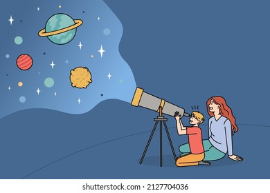 Exploring World With Kids Concept. Smiling Happy Mother Sitting And Showing Child Interesting Things In Outer Space Looking At Stars On Telescope Vector Illustration 