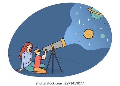 Explorar el mundo con el concepto de los niños. Una madre sonriente feliz sentada y mostrando a su hijo cosas interesantes en el espacio exterior mirando las estrellas en la ilustración vectorial del telescopio