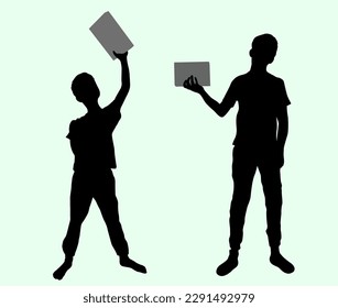 Exploring the World Through Literature: Vector Silhouette Illustration of Two Boys Holding Books, Ready to Embark on an Adventure of Knowledge