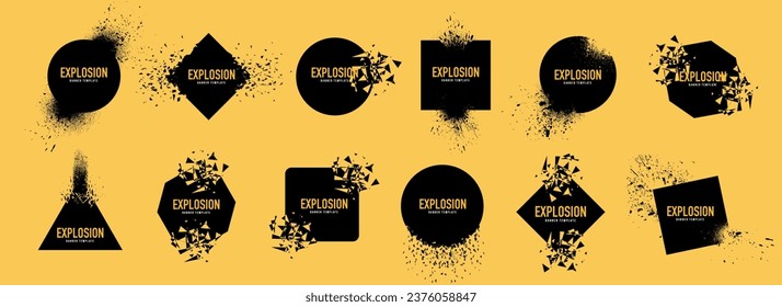 Formas geométricas abstractas de explosión. Destrucción de explosiones, formas geométricas destrozadas. Resumen de la explosión. Conjunto de piezas fracturadas, puntitos, motas