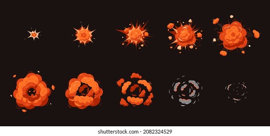 Explosion animation. Cartoon explosions, smoke disappear. Atomic blast frames, danger bang effect. Comic bomb boom recent vector step by step illustration