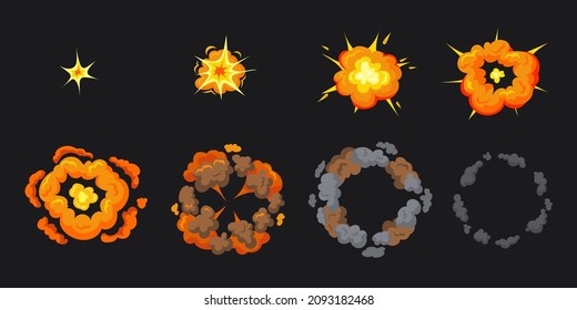 Explosion animation. Cartoon explosive smoke, sprite frame for game, puff motion effect explode bomb, comic boom flash fire, storyboard atomic blast, hit energy vector. Illustration of fire effect