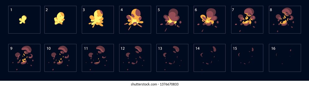 Explosion animation for game. Blast effect of an explosion with fire, sprite sheet for games, cartoon or animation. - Vector