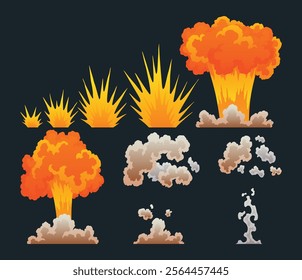 Explosion animation. Animation for game of the explosion effect. Cartoon animation for game. Exploding effect frames. Hand drawn vector illustration