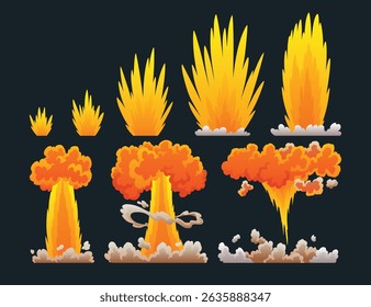 Explosion animation. Animation for game of the explosion effect. Cartoon animation for game. Exploding effect frames. Hand drawn vector illustration