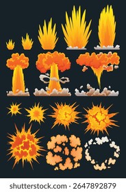 Animación de explosión. Animación para el juego del efecto de explosión. Animación de dibujos animados para el juego. Explosión de marcos de efectos. Ilustración vectorial dibujada a mano