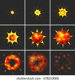 Explosion animation isolated on dark photo-realistic vector illustration