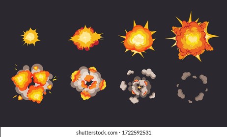 Explosion Animation In Storyboard. Energy Detonating Explosives With Subsequent Phases Red Explosion Flash Diverging Waves Smoke And Vector Attenuation Cartoon.