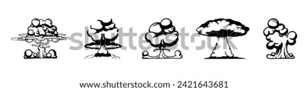 Explosion of atomic bomb mushrooms collection. Set of silhouette explosion effect. Bomb explosion mushroom cloud