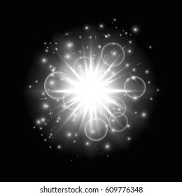 Explosion background with bokeh lights. Spatter pattern on a black backdrop.