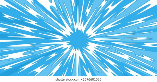 Explosion background effect. Speed lines for comics book, anime, battle. Blue and white light strip burst. Vector illustration design banner.