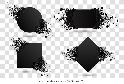 Explosion banners. Square and circle destruction shapes with debris isolated on white background. 3d effect of particles. - Shutterstock ID 1403564765