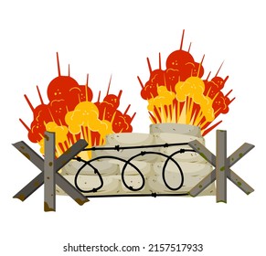 Explosion in barricades. Military operations and sandbag fortifications with barbed wire. Assault and war. Modern conflict. Cartoon outline illustration
