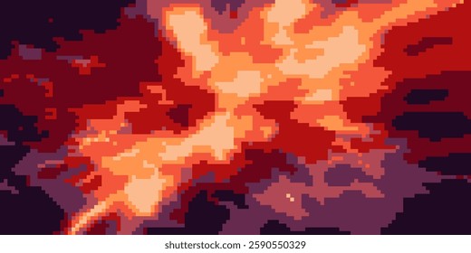 Explosion bg in purple, red and orange colors of fire in 8 bit pixel game style. Background with mosaic pattern. Bomb boom or supernova burst in the sky