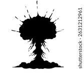 Explosion black figure isolated on transparent background. Mushroom cloud silhouette, detonations, war themes. Nuclear, atomic bomb shapes blast. Vector illustration for conflict, destruction visuals.