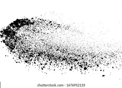 Textura de grano negro en explosión aislada sobre fondo blanco. Superposición del polvo. Granulado de ruido oscuro. Imagen generada digitalmente. Elementos de diseño de vectores. Ilustración, Eps 10.