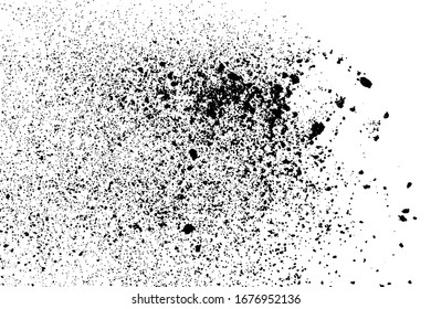 Textura de grano negro en explosión aislada sobre fondo blanco. Superposición del polvo. Granulado de ruido oscuro. Imagen generada digitalmente. Elementos de diseño de vectores. Ilustración, Eps 10.