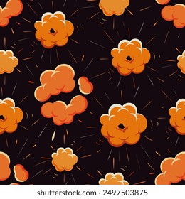 Patrón de explosión, explosión y explosión de bomba. Fondo sin fisuras, estallidos y golpes, nubes de fuego, bocanadas. Repetir la impresión del cómic, diseño para la materia textil y el abrigo. Ilustración vectorial plana de dibujos animados de color.