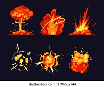 Explosion blasts, nuclear bomb bangs with fire booms, vector isolated cartoon comic icons. Fireball explosion and power energy pops, dynamite bang, fire flame explodes and outbreak flashes effects