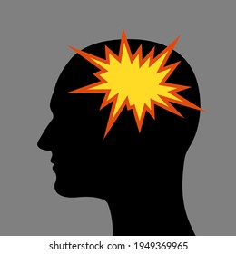 Explosion and blow-up in head as brain stroke and mental attack. Vector illustration.