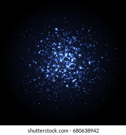 Explosion blue particles from the center. Light effect, star burst with sparkles. Abstract bright cyan glowing background with glittering color particles. Sparkle blue dots. 