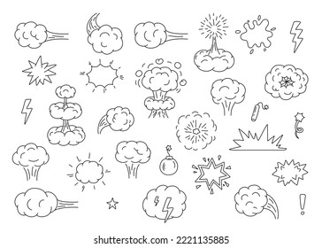 Explosión, bomba, boom, línea de doodle. Esplandor de elementos dibujados a mano, crack, pow, choque, guerra, ráfagas de humo de nubes. Esbozo de esquema de la colección. Ilustración del vector
