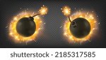 Explosion of bomb with burning wick with fire and sparks. Vector realistic set of 3d black round ball with rope fuse and blast isolated on transparent background