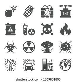 Explosion and Bomb icon set. Terrorism Atomic atom radiation  smoke fusion Nuclear
Included missile radioactive shelter effect
